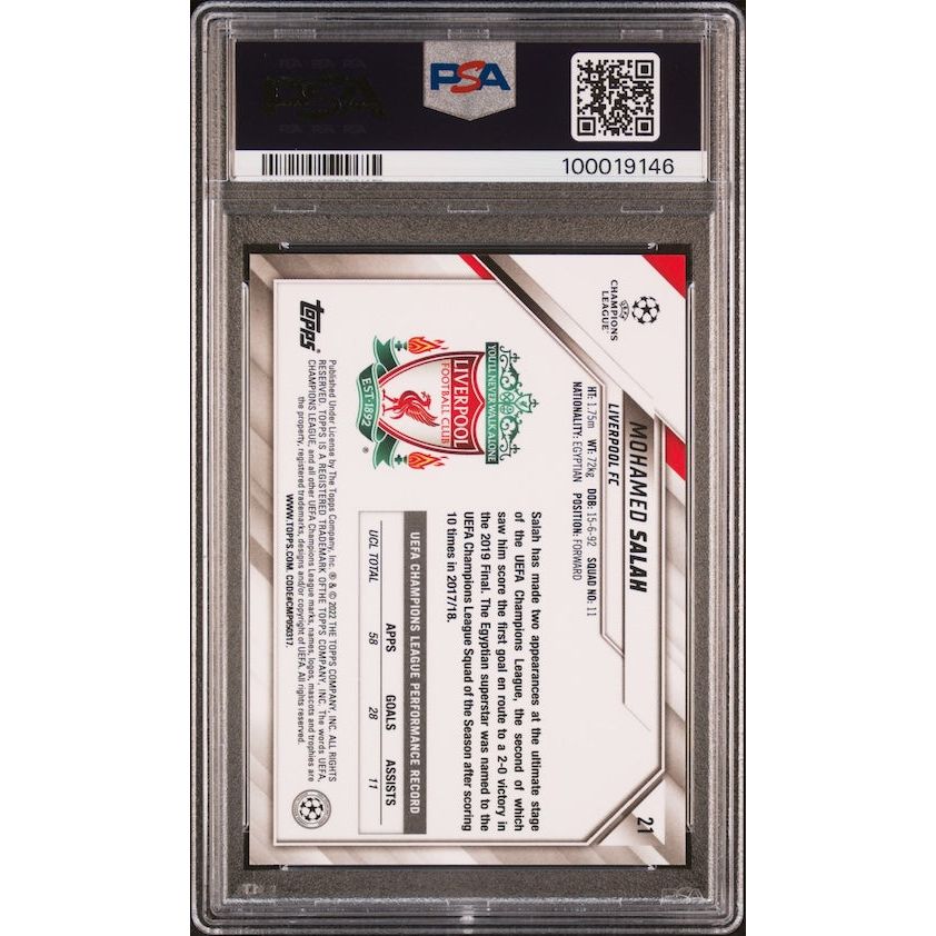 2021-2022 Topps Chrome Sapphire Edition UEFA Champions League #21 Mohamed Salah PSA 9