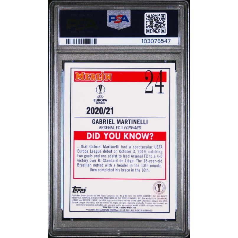 2020 Topps Merlin Chrome Uefa Champions League #24 Gabriel Martinelli PSA 10