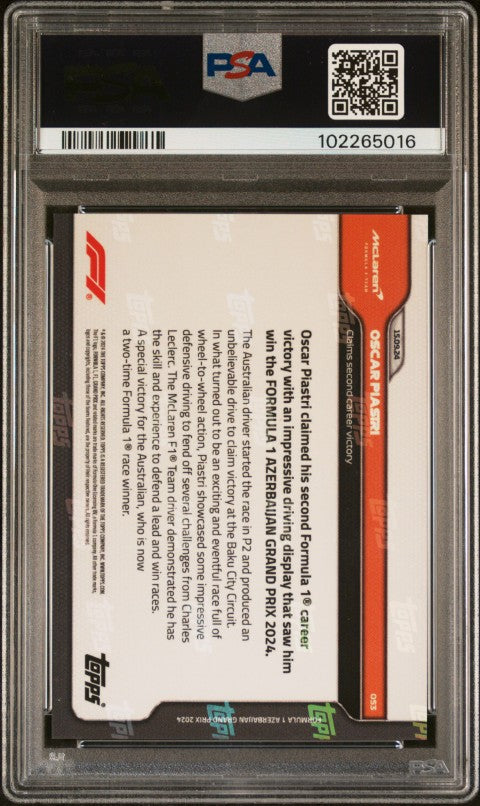 2024 Topps Now Formula 1 #53 Oscar Piastri Orange (Numbered 68/99) PSA 10