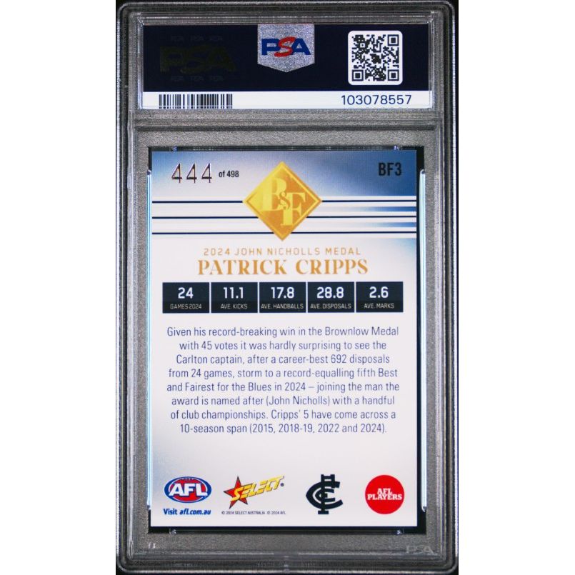 2024 Select Afl Club Best & Fairest #BF3 Patrick Cripps PSA 10
