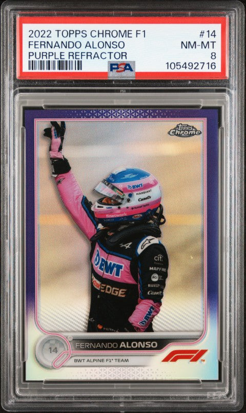 2022 Topps Chrome Formula 1 #14 Fernando Alonso Purple Refractor PSA 8