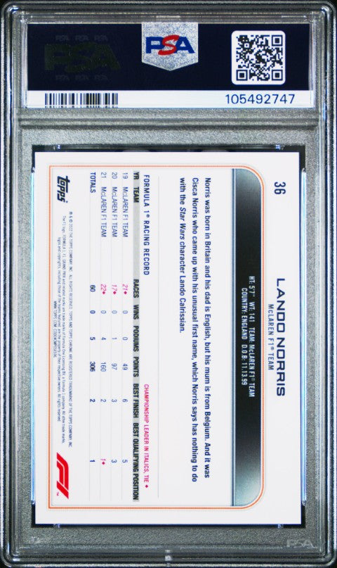 2022 Topps Chrome Formula 1 #36 Lando Norris B/W Raywave Refractor PSA 10