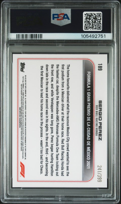 2022 Topps Chrome Formula 1 #189 Sergio Perez Purple Refractor PSA 9