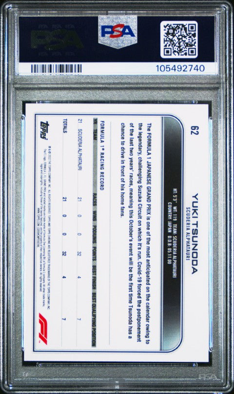2022 Topps Chrome Formula 1 #62 Yuki Tsunoda PSA 10