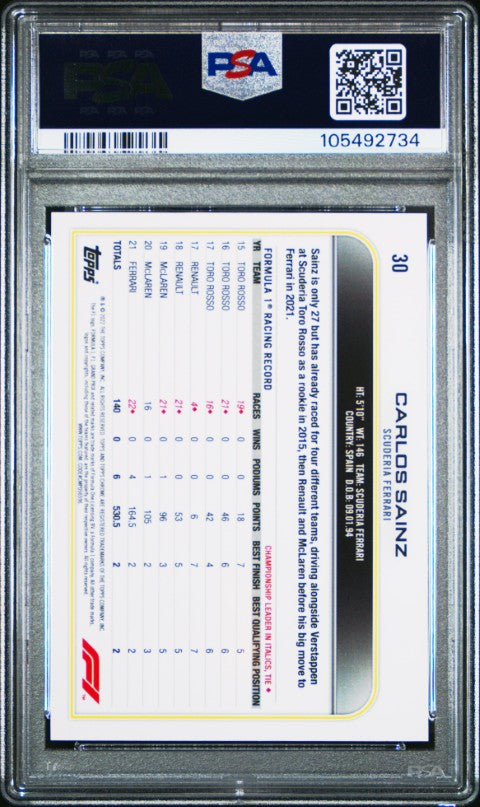 2022 Topps Chrome Formula 1 #30 Carlos Sainz Checker Flag Refractor PSA 10