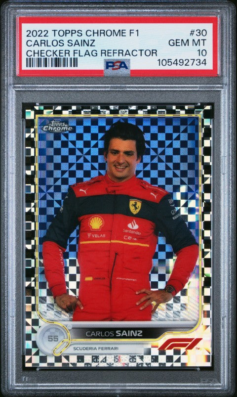 2022 Topps Chrome Formula 1 #30 Carlos Sainz Checker Flag Refractor PSA 10
