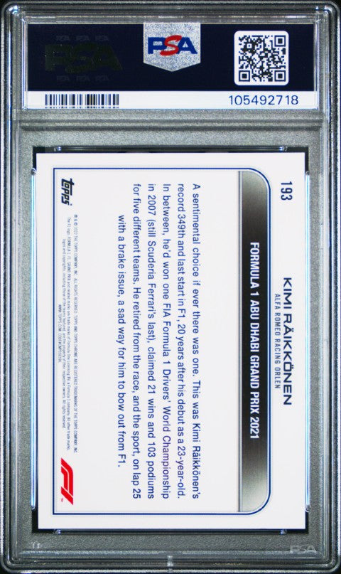 2022 Topps Chrome Formula 1 #193 Kimi Raikkonen B/W Raywave Refractor PSA 9