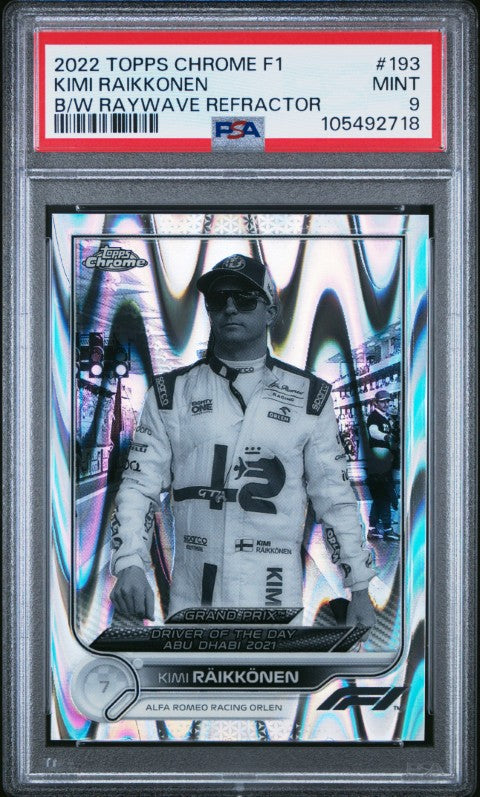 2022 Topps Chrome Formula 1 #193 Kimi Raikkonen B/W Raywave Refractor PSA 9