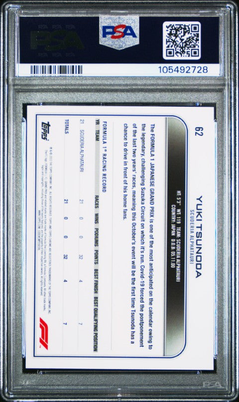 2022 Topps Chrome Formula 1 #62 Yuki Tsunoda B/W Raywave Refractor PSA 8