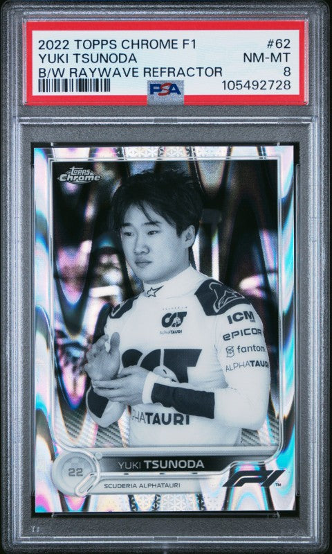 2022 Topps Chrome Formula 1 #62 Yuki Tsunoda B/W Raywave Refractor PSA 8