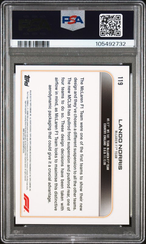 2022 Topps Chrome Formula 1 #119 Lando Norris B/W Raywave Refractor PSA 9