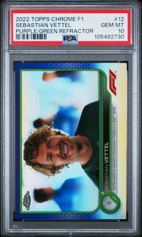 2022 Topps Chrome Formula 1 #12 Sebastian Vettel Purple/Green Refractor PSA 10