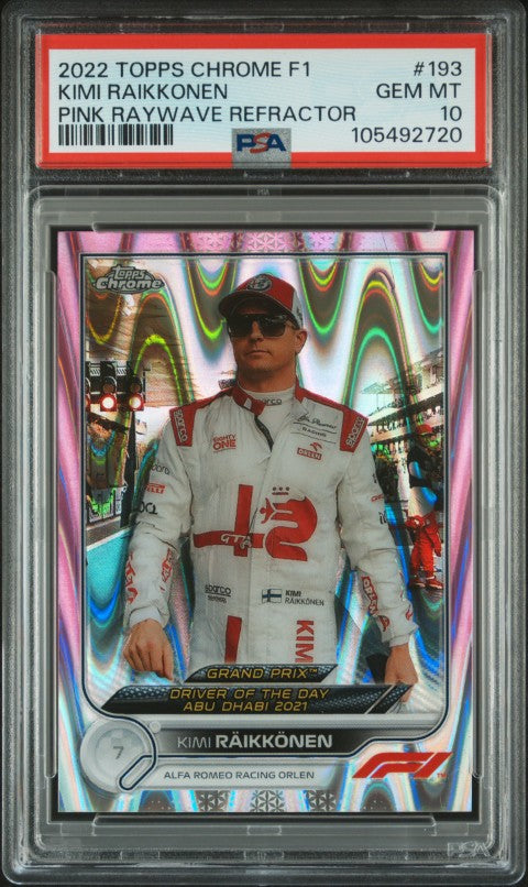 2022 Topps Chrome Formula 1 #193 Kimi Raikkonen Pink Raywave Refractor PSA 10