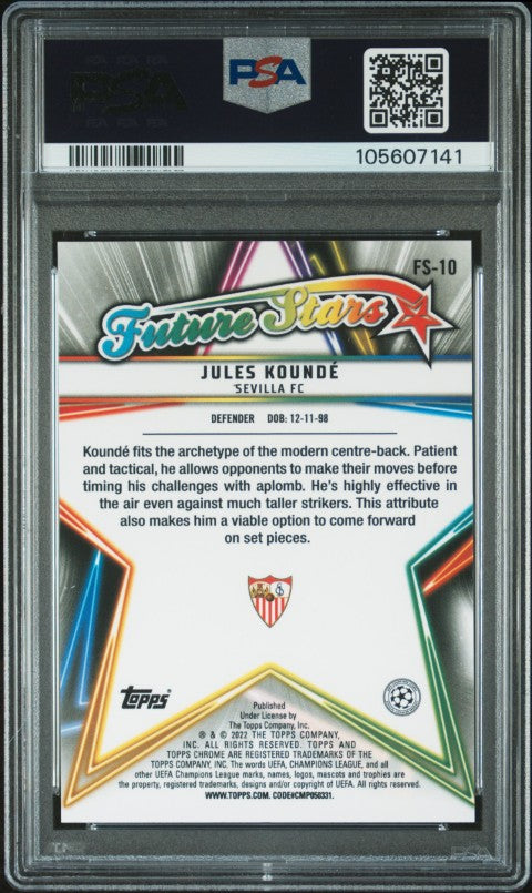 2021-2022 Topps Chrome Sapphire Edition Uefa Champions League Future Stars #10 Jules Kounde Future Stars PSA 10