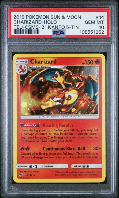 2019 Pokemon Sun & Moon Team Up #14 Charizard-Holo Teu-Csms-'21 Kanto 5-Tin PSA 10