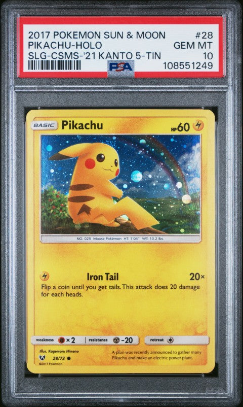 2017 Pokemon Sun & Moon Shining Legends #28 Pikachu-Holo Slg-Csms-'21 Kanto 5-Tin PSA 10