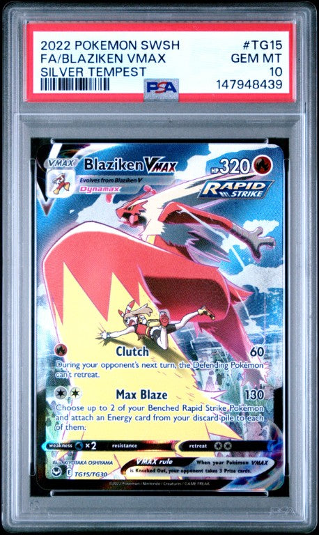 2022 Pokemon Sword & Shield Silver Tempest #TG15 Fa/Blaziken Vmax Silver Tempest PSA 10