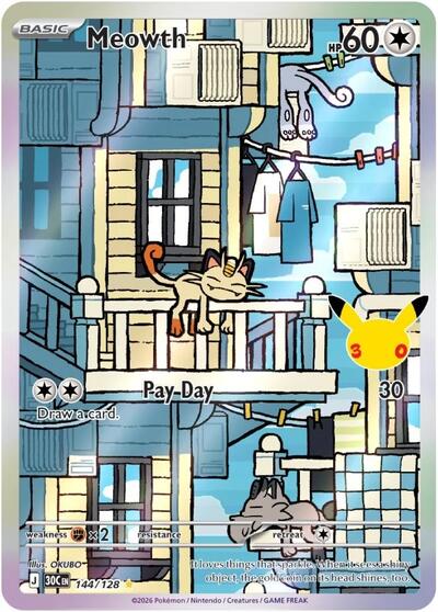 30th Celebration - 144/128 Meowth Illustration Rare