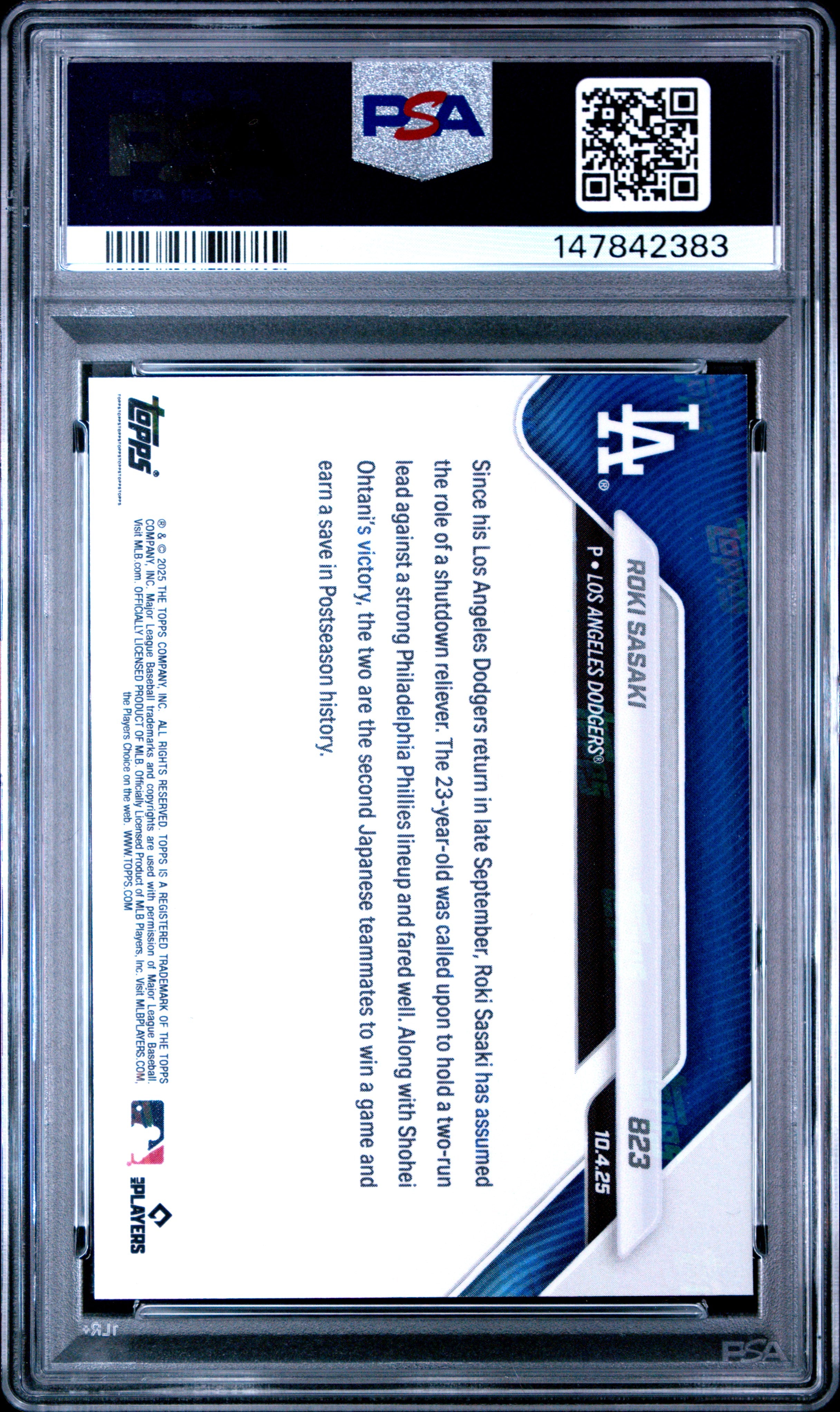 2025 Topps Roki Sasaki 823 Topps Now PSA 10