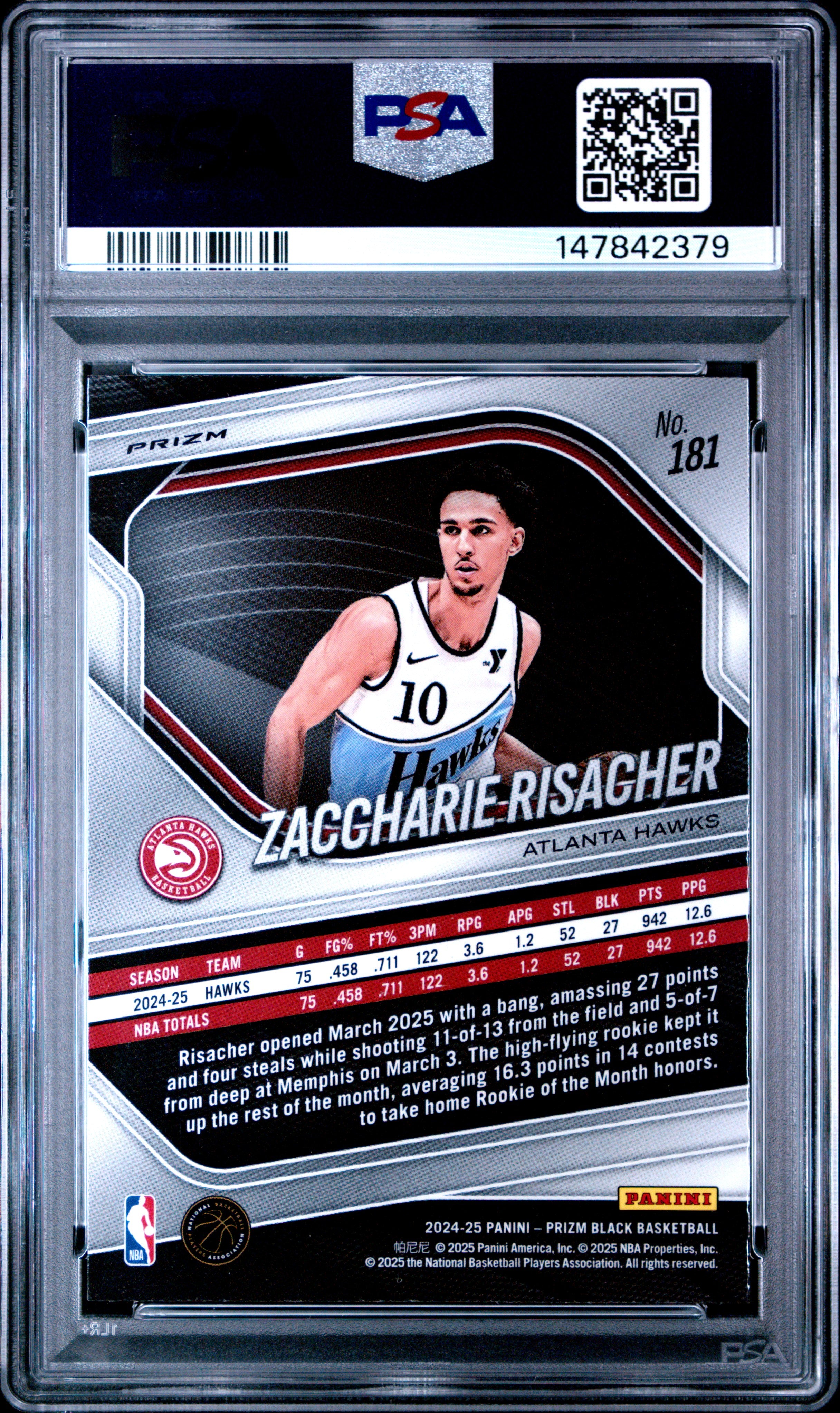 2024 PANINI PRIZM BLACK #181 ZACCHARIE RISACHER RUBY WAVE PSA 8