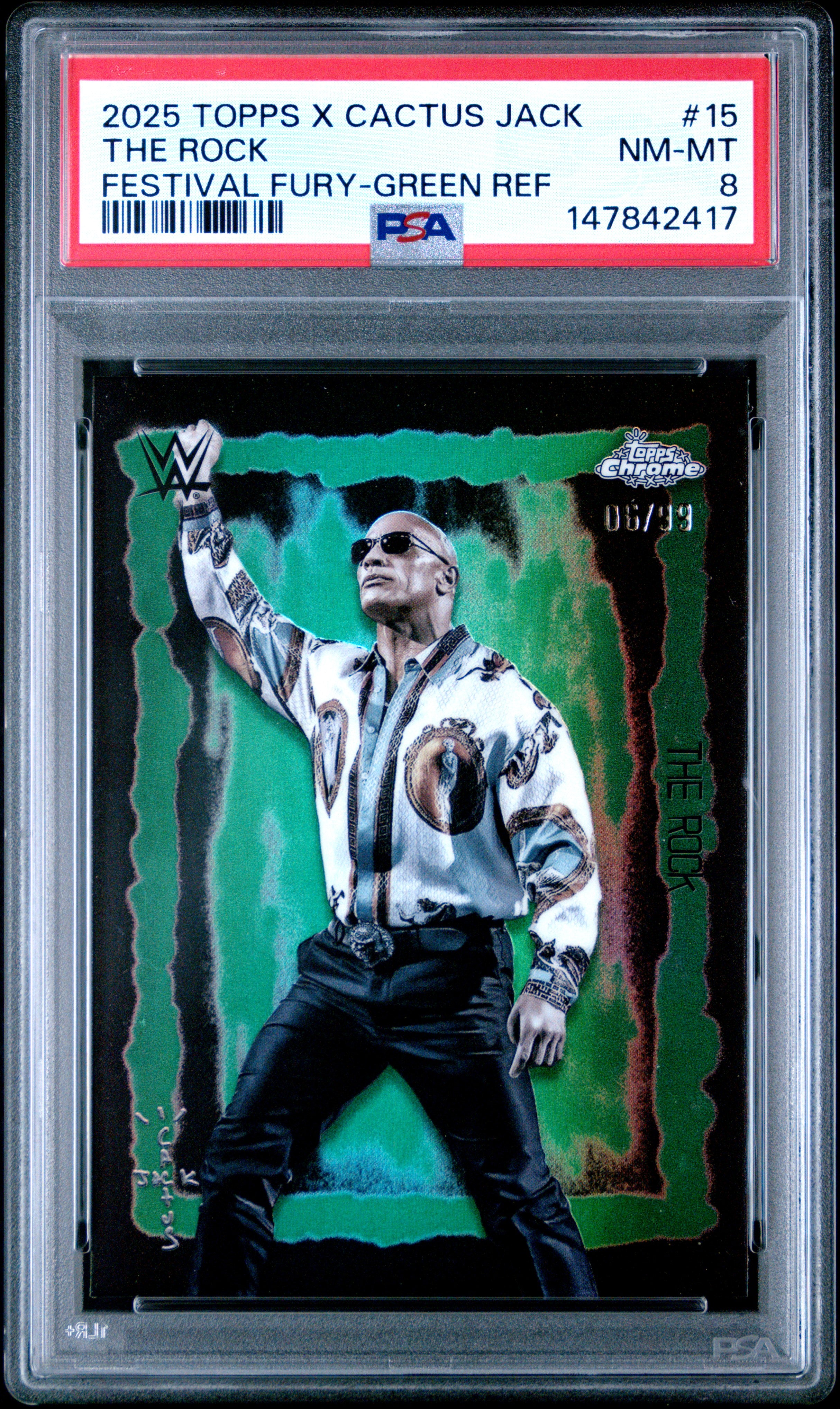 2025 TOPPS CHROME WWE X CACTUS JACK FESTIVAL FURY #15 THE ROCK FESTIVAL FURY-GREEN REF PSA 8