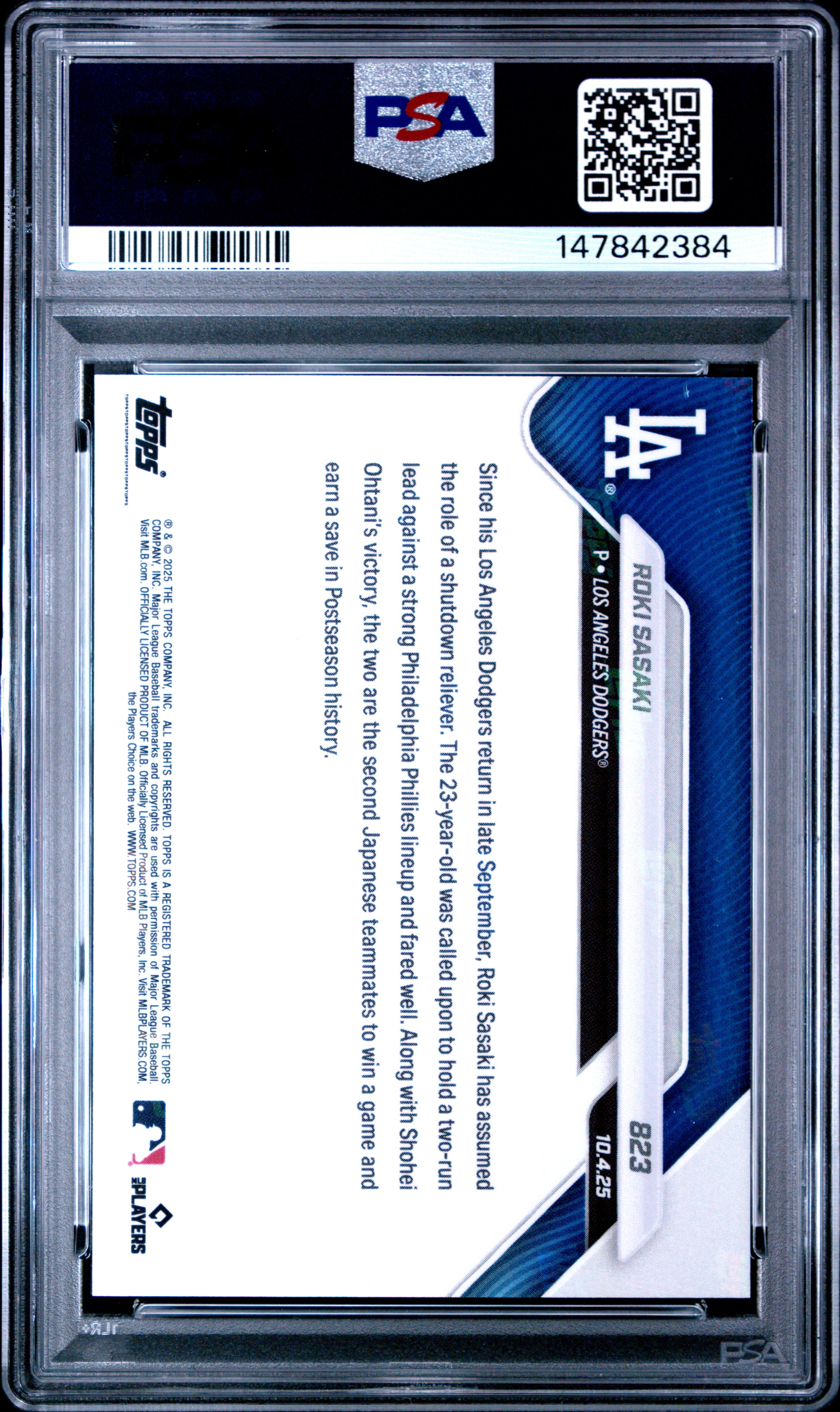 2025 Topps Roki Sasaki 823 Topps Now PSA 10