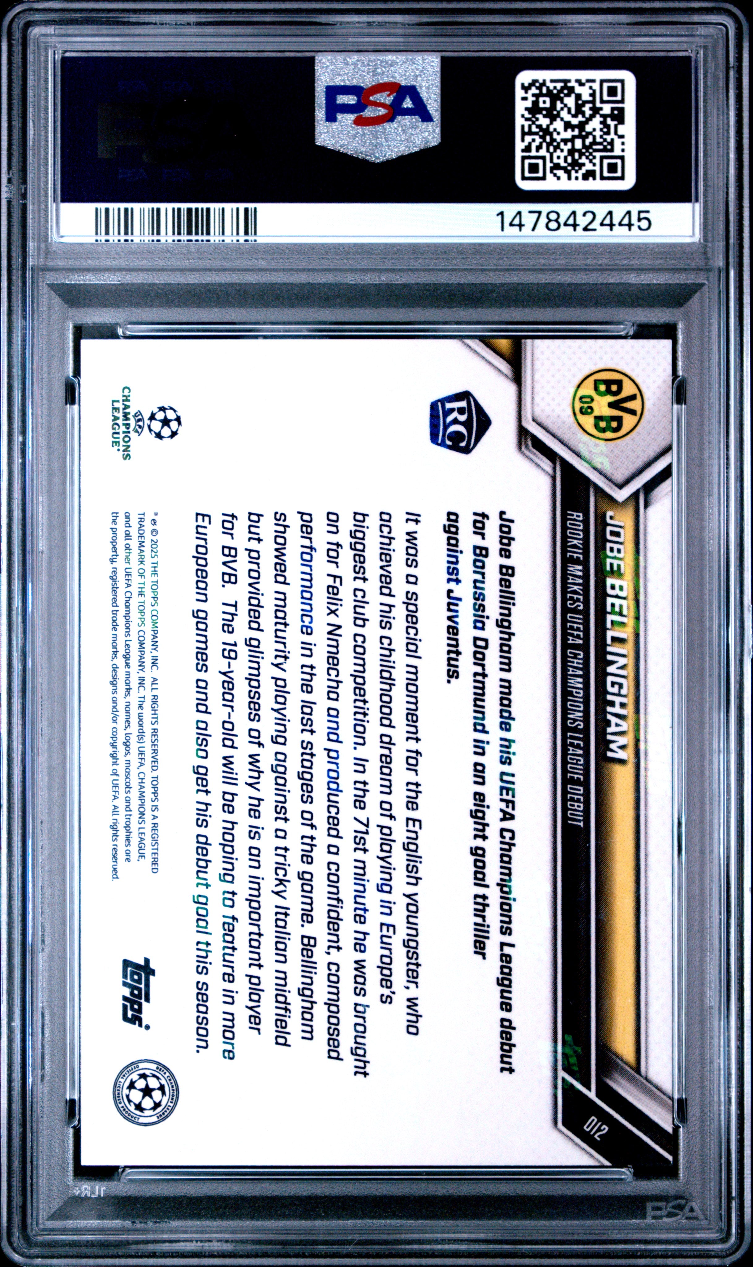 2025-2026 TOPPS NOW UEFA CHAMPIONS LEAGUE #12 JOBE BELLINGHAM GOLD FOIL PSA 9