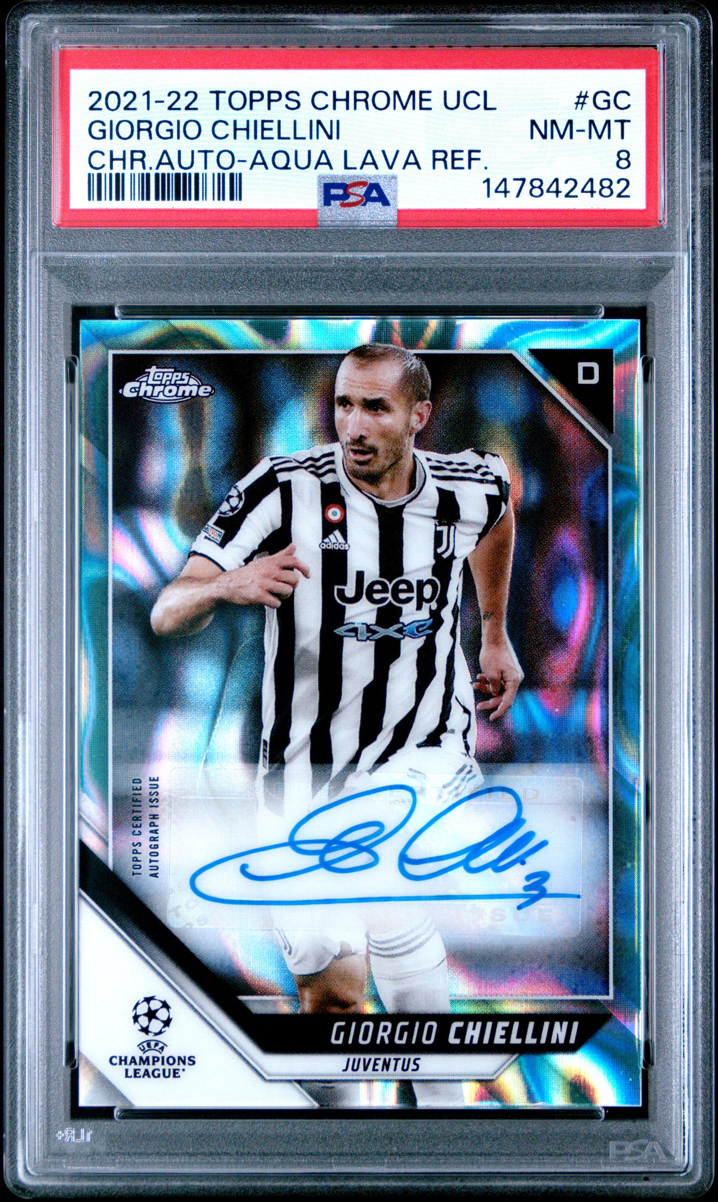 2021 TOPPS CHROME UEFA CHAMPIONS LEAGUE CHROME AUTOGRAPHS #GC GIORGIO CHIELLINI CHR.AUTO-AQUA LAVA REF. PSA 8