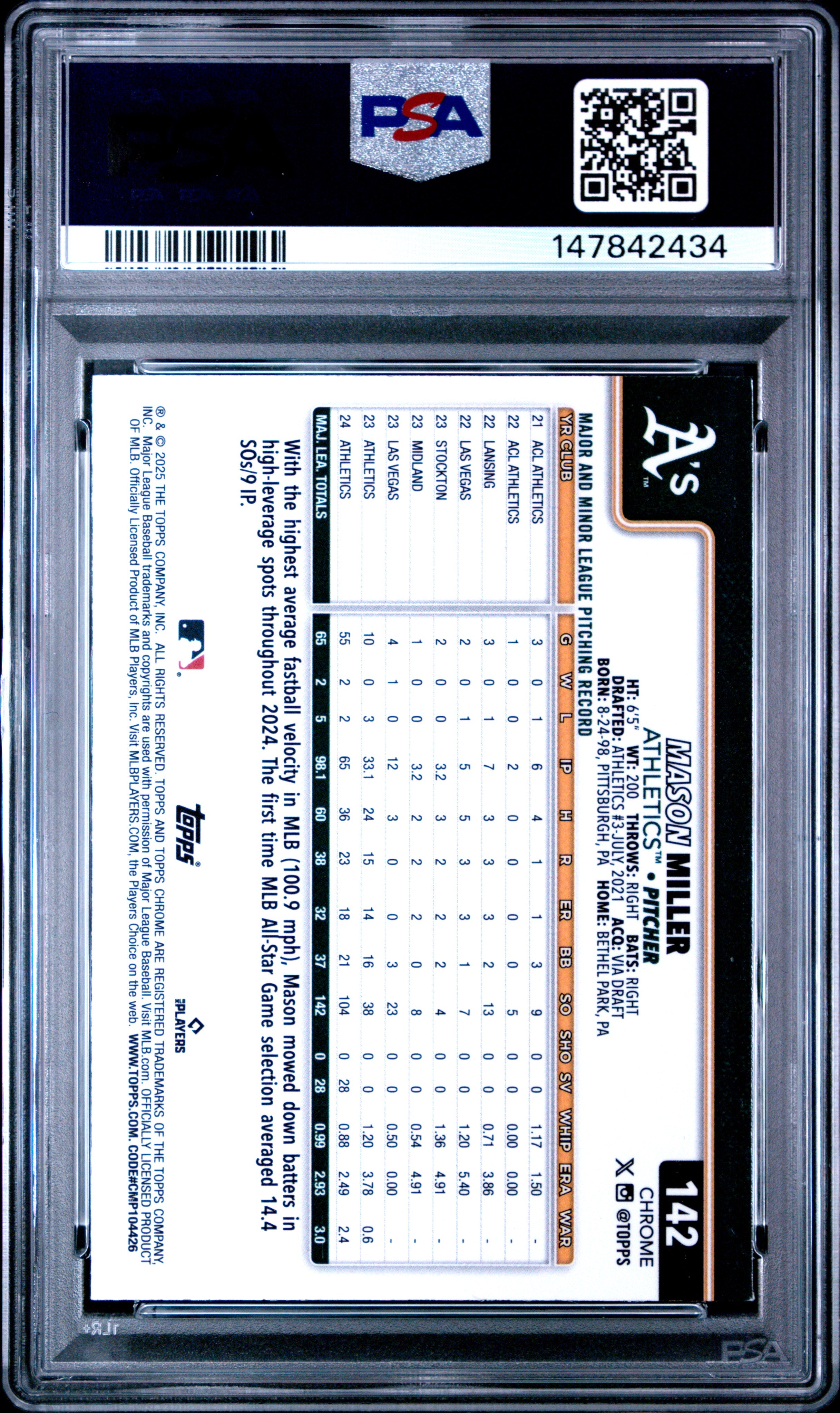 2025 Topps Mason Miller 142 Aqua Refractor PSA 9