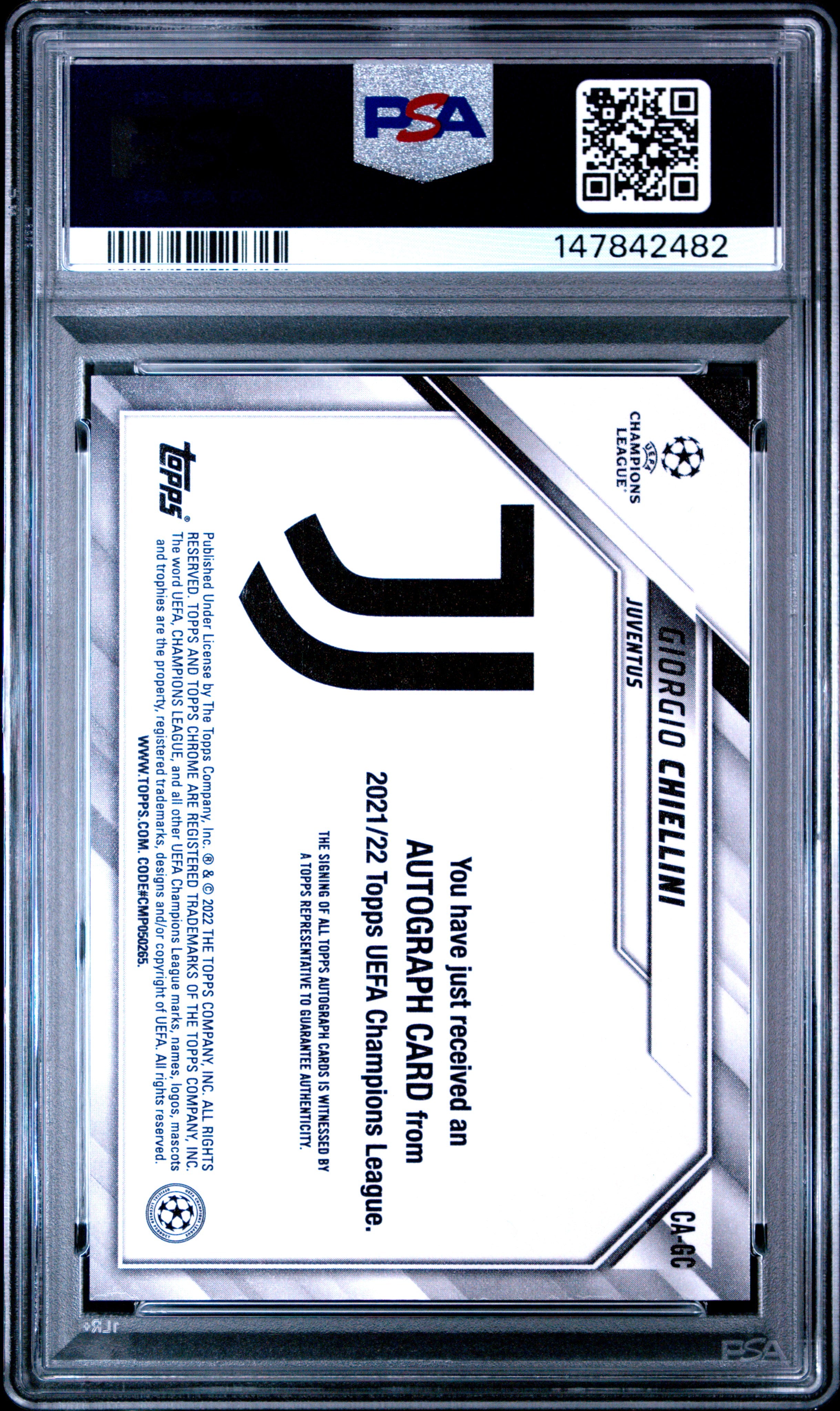 2021 TOPPS CHROME UEFA CHAMPIONS LEAGUE CHROME AUTOGRAPHS #GC GIORGIO CHIELLINI CHR.AUTO-AQUA LAVA REF. PSA 8