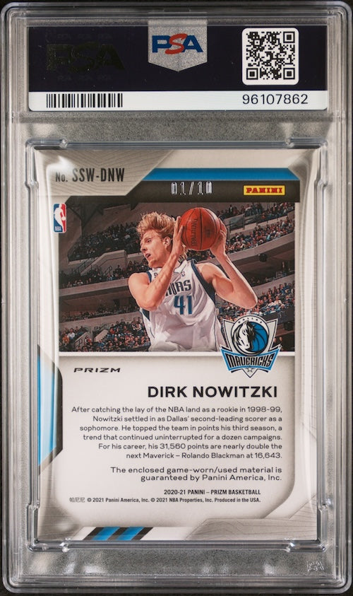 2020 Panini NBA Prizm Sensational Swatches #SSWDNW Dirk Nowitzki - Prime (#'d 01/10) PSA 7