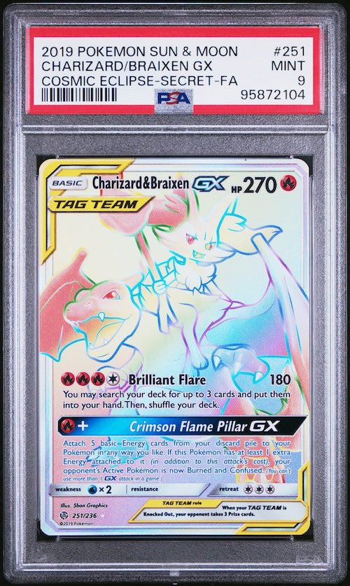 2019 Pokemon Sun & Moon Cosmic Eclipse #251 Charizard & Braixen GX Full Art Secret Rare PSA 9