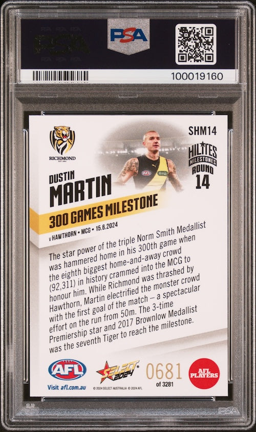 2024 Select AFL Hilites #SHM14 Dustin Martin Milestones - 300 Games PSA 10