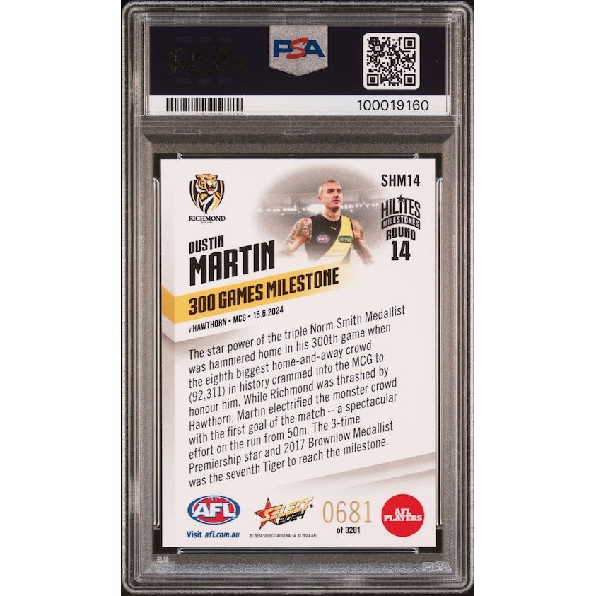 2024 Select AFL Hilites #SHM14 Dustin Martin Milestones - 300 Games PSA 10