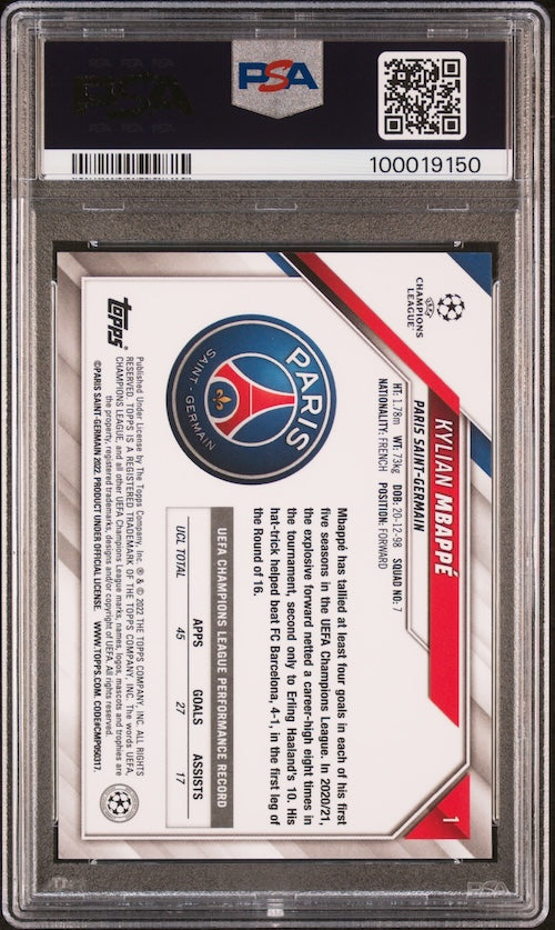 2021-2022 Topps Chrome Sapphire Edition UEFA Champions League #1 Kylian Mbappe PSA 10