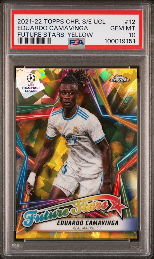 2021-2022 Topps Chrome Sapphire Edition UEFA Champions League Future Stars #12 Eduardo Camavinga Future Stars-Yellow (#'d 40/99) PSA 10