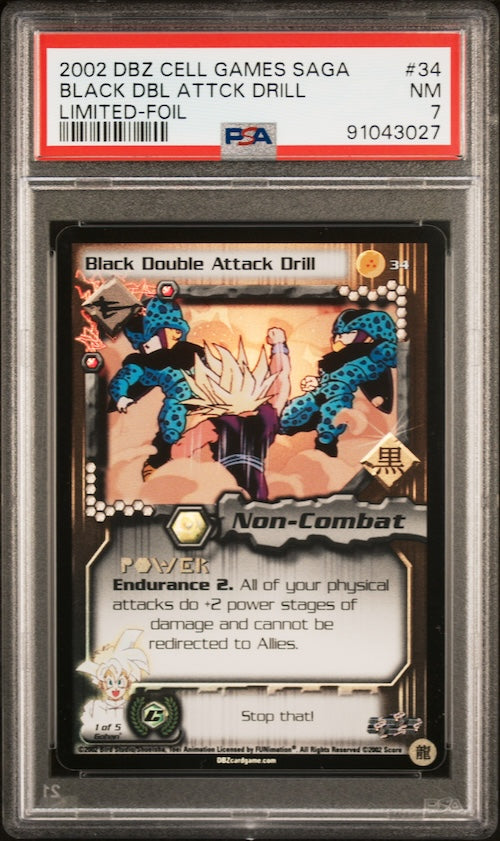 2002 Score Dragon Ball Z Cell Games Saga #34 Black Dbl Attck Drill Limited-Foil PSA 7