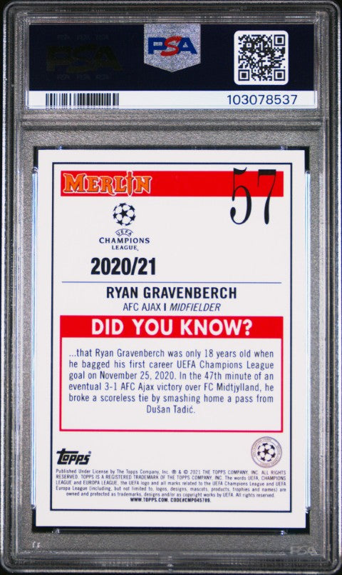 2020 Topps Merlin Chrome Uefa Champions League #57 Ryan Gravenberch PSA 10