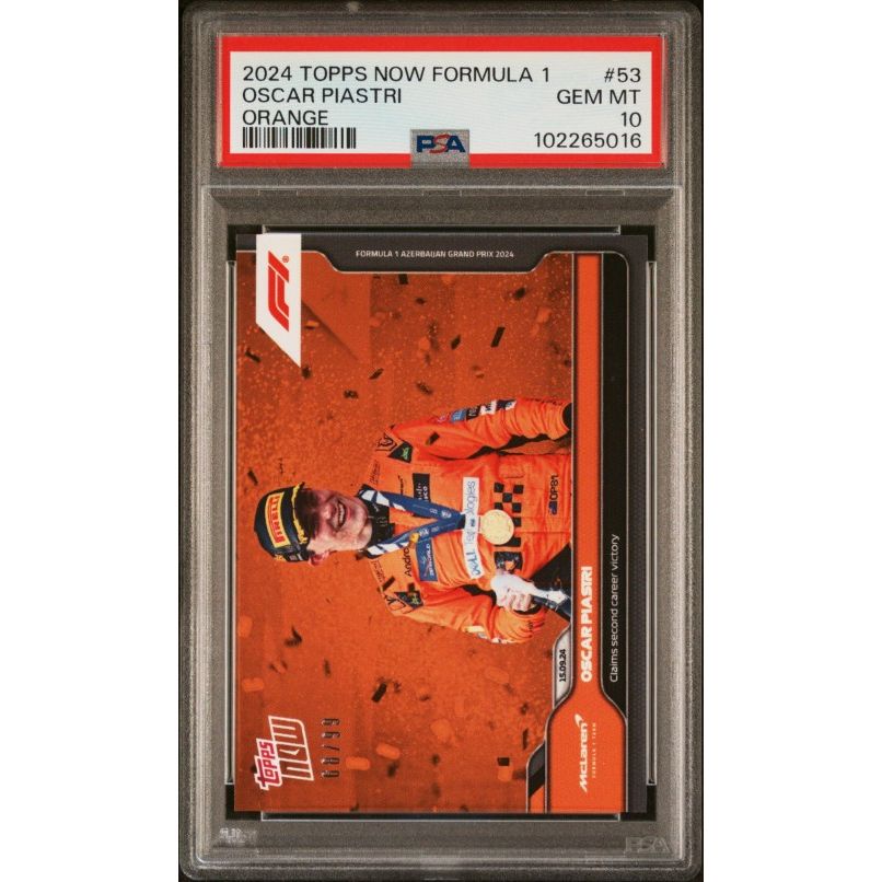 2024 Topps Now Formula 1 #53 Oscar Piastri Orange (Numbered 68/99) PSA 10