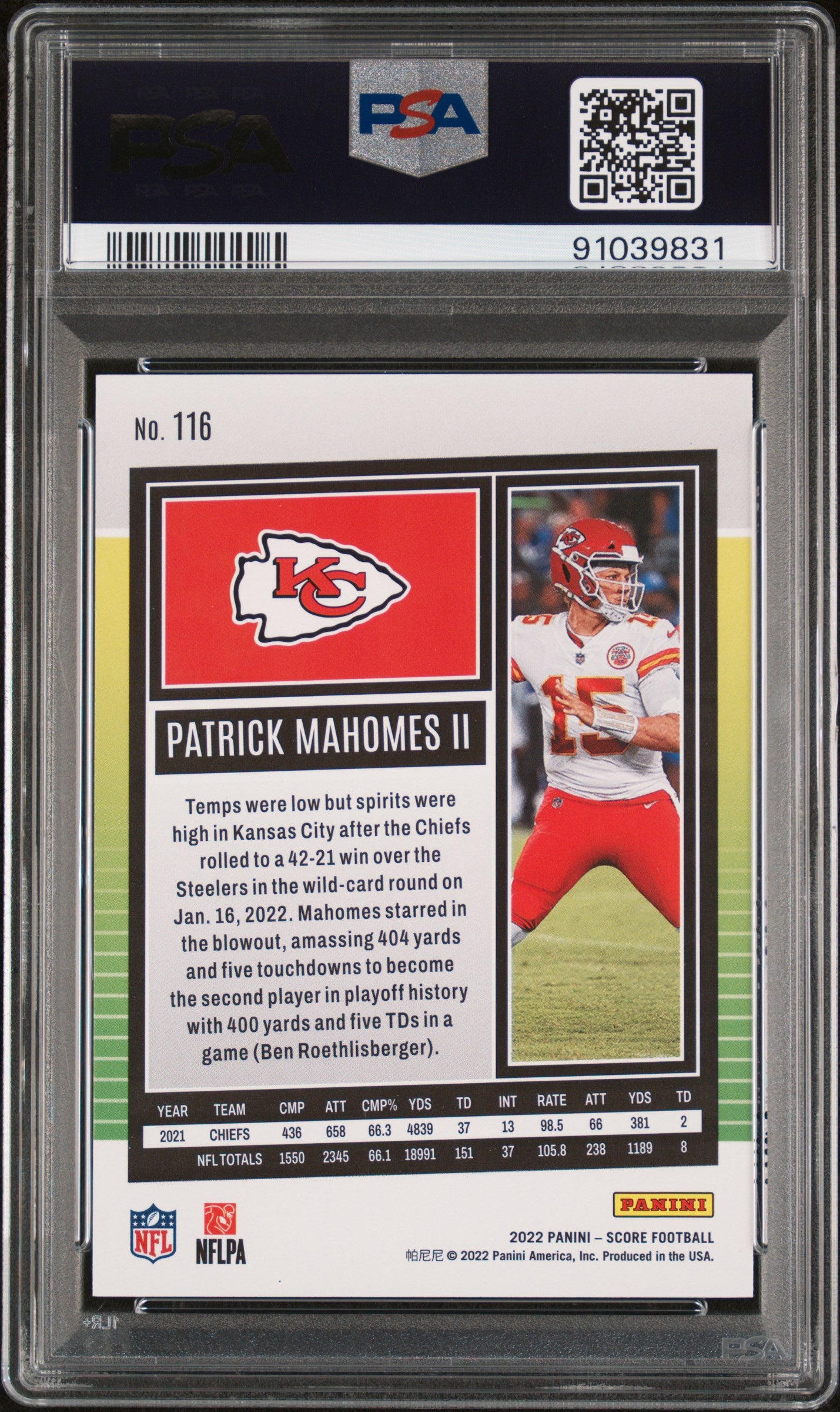 2022 Panini Score #116 Patrick Mahomes II Purple PSA 6