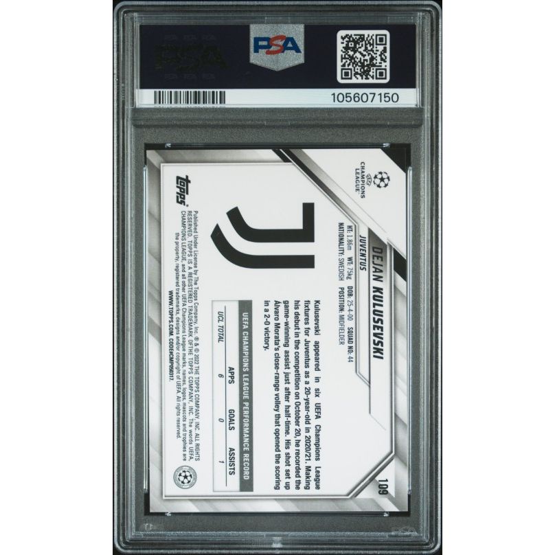 2021-2022 Topps Chrome Sapphire Edition Uefa Champions League #109 Dejan Kulusevski PSA 10