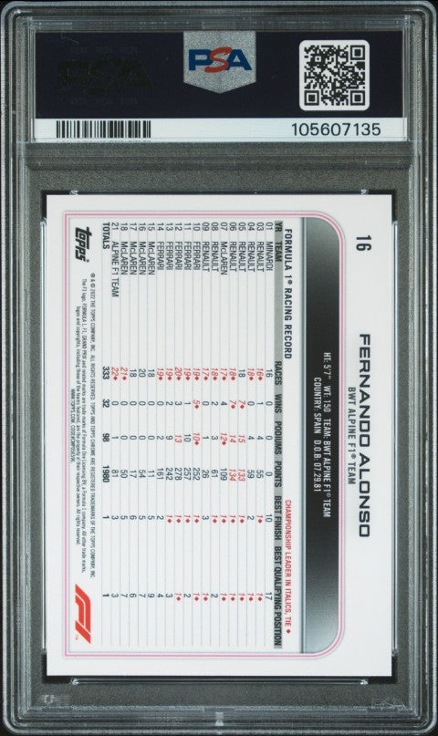 2022 Topps Chrome Formula 1 #16 Fernando Alonso PSA 9