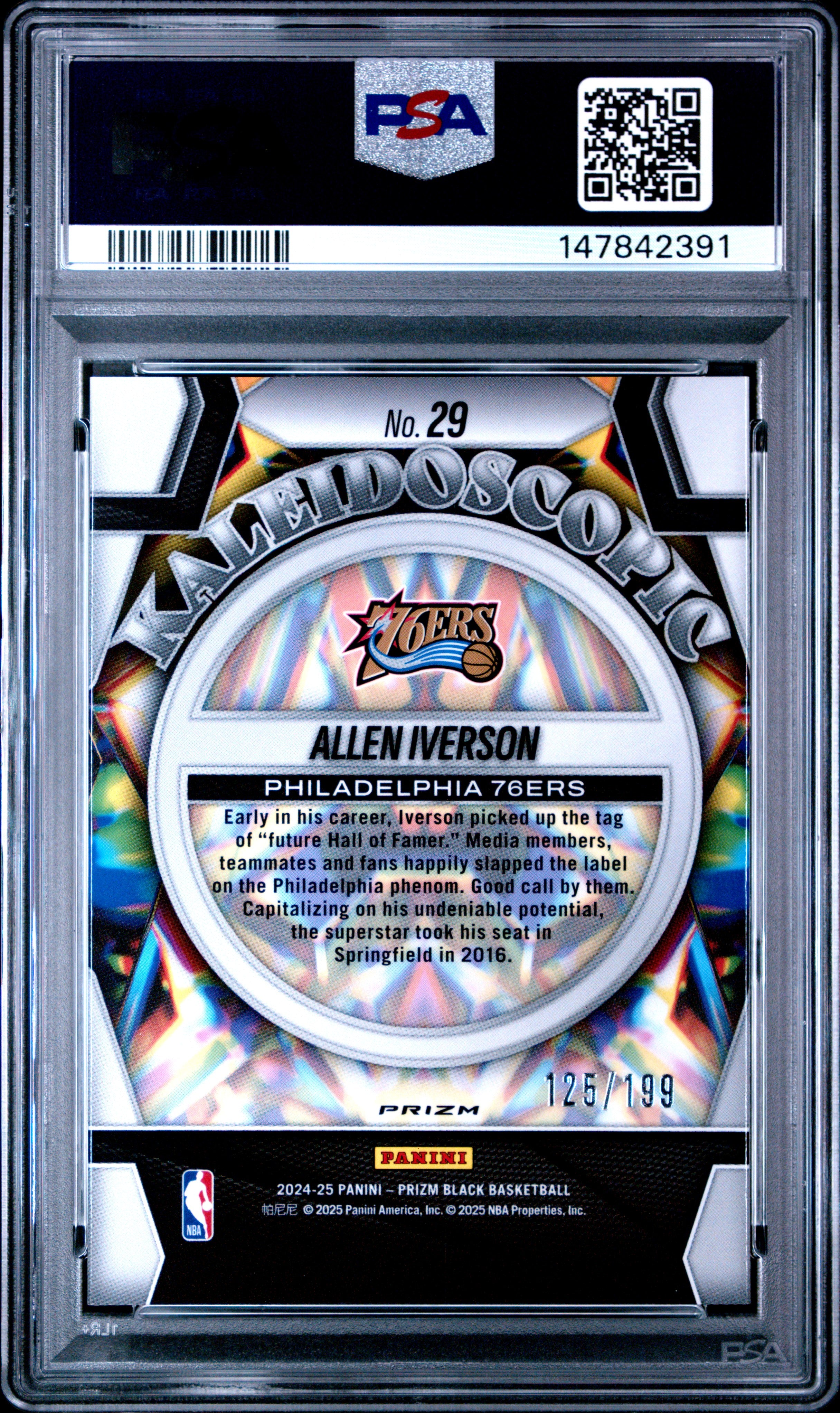 2024 PANINI PRIZM BLACK KALEIDOSCOPIC #29 ALLEN IVERSON KALEIDOSCOPIC-BLUE PRIZM PSA 10