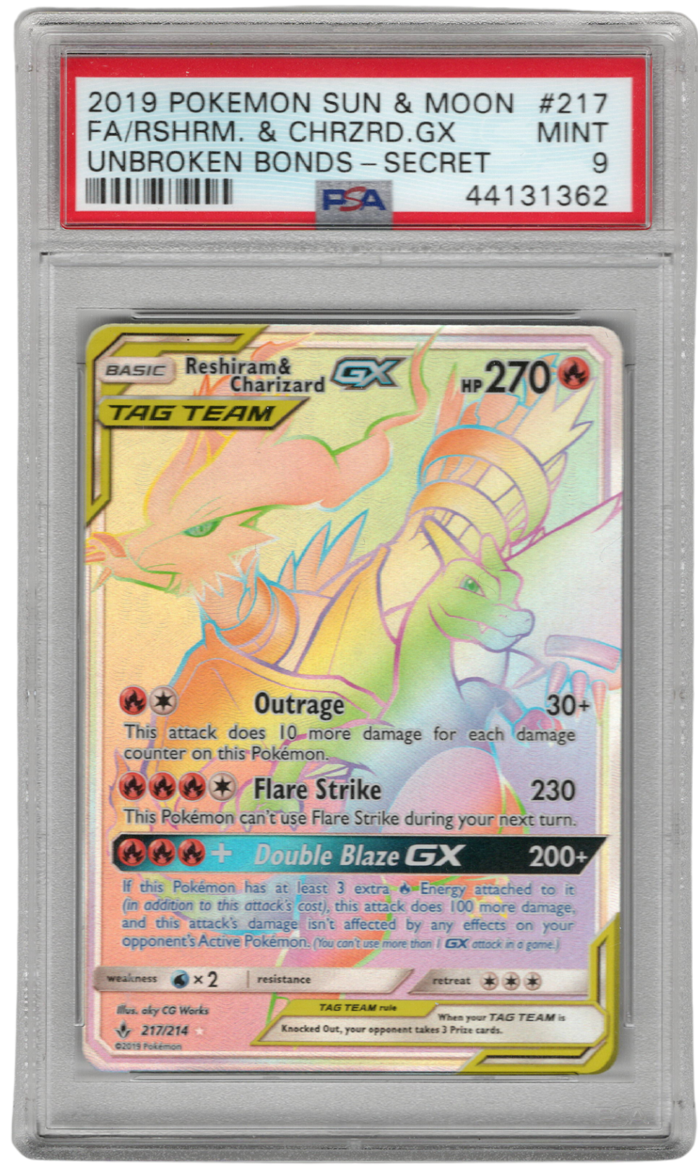2019 Pokemon Sun & Moon Unbroken Bonds #217 Reshrm. & Charzrd.Gx Unbroken Bonds-Scrt-Fa PSA 9