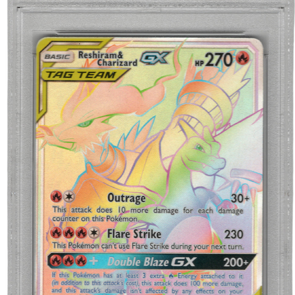 2019 Pokemon Sun & Moon Unbroken Bonds #217 Reshrm. & Charzrd.Gx Unbroken Bonds-Scrt-Fa PSA 9