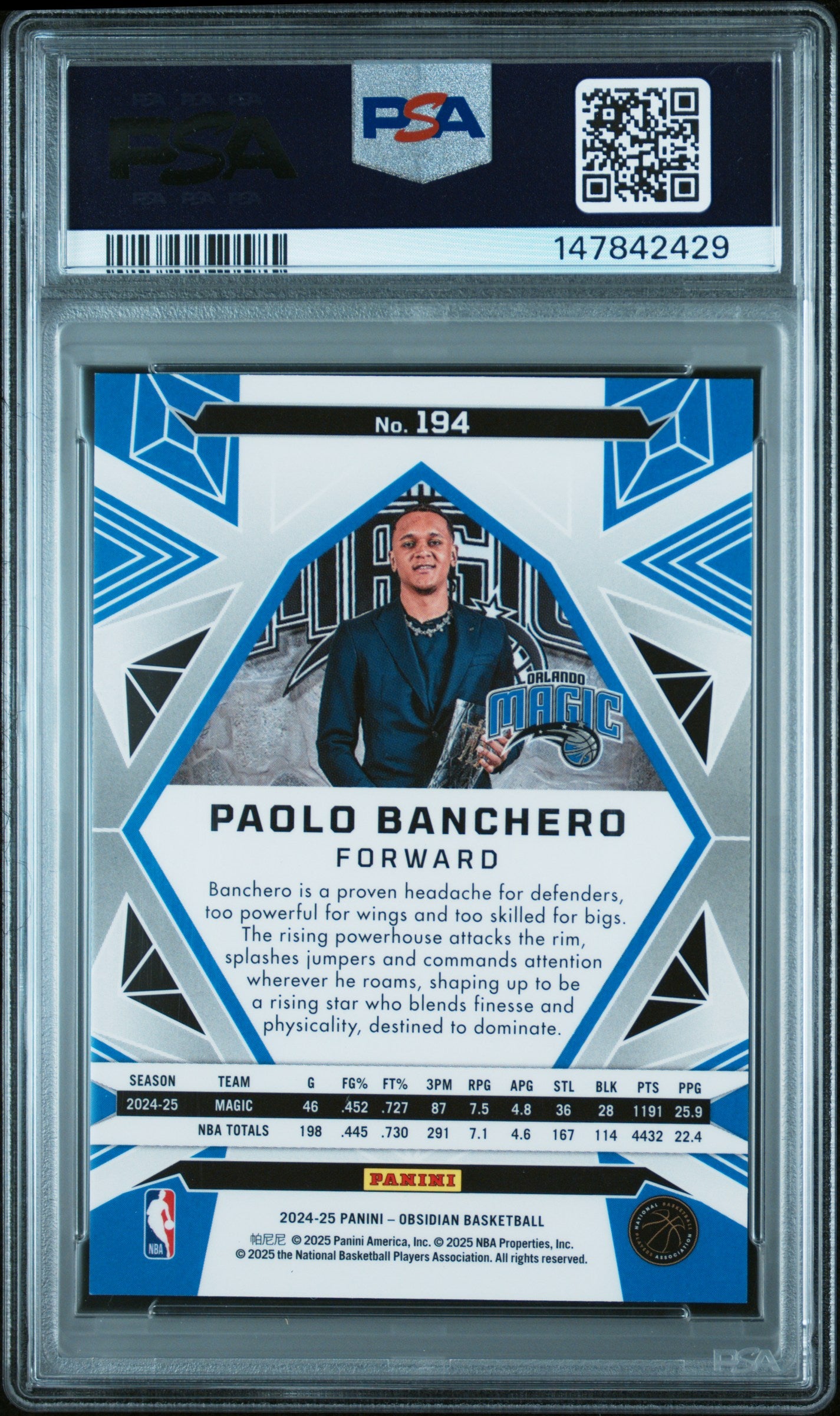2024 PANINI OBSIDIAN #194 PAOLO BANCHERO ELECTRIC ETCH CALDERA PSA 9