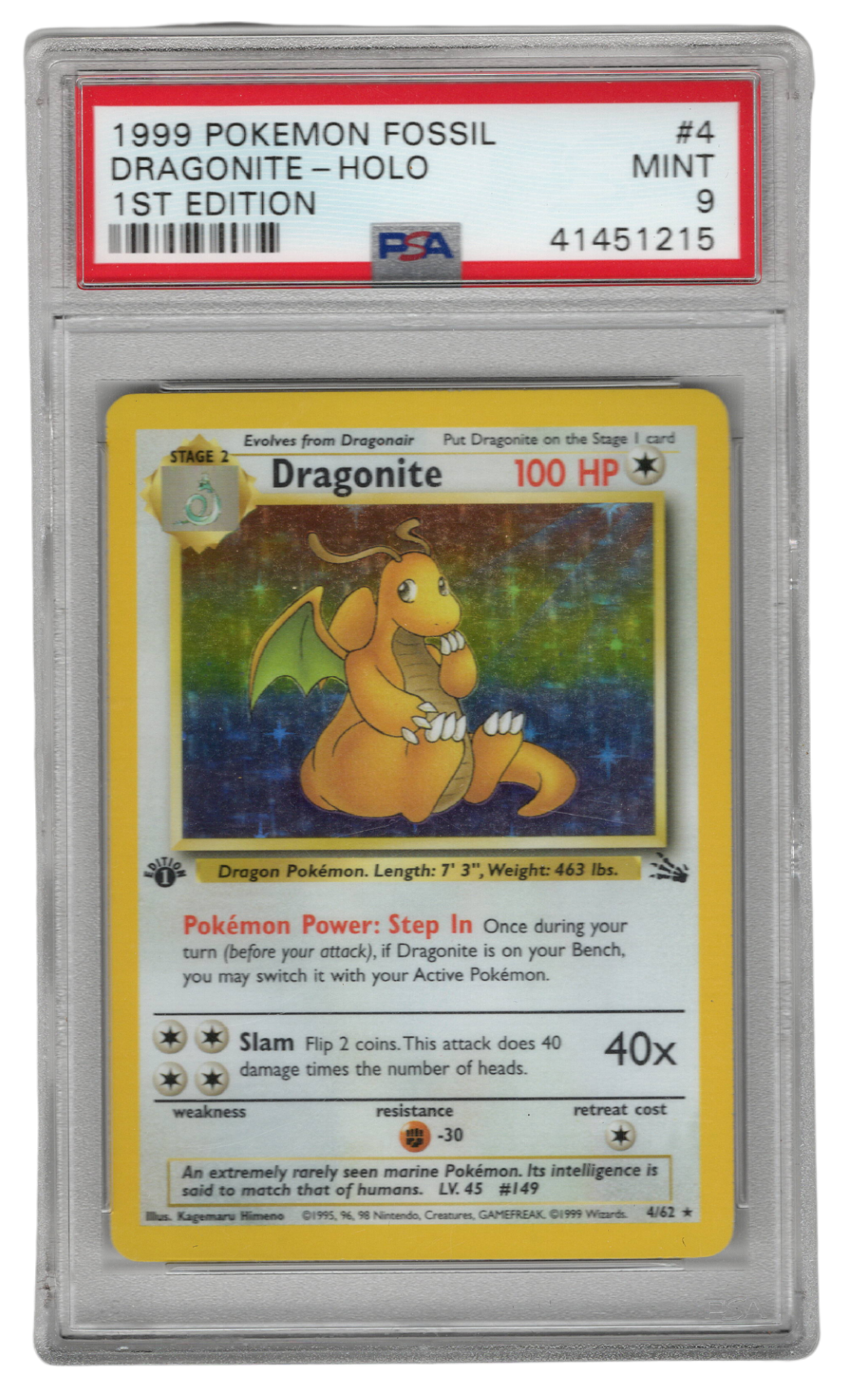 1999 Pokemon Fossil #4 Dragonite-Holo 1st Edition PSA 9