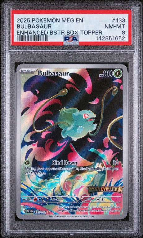 2025 Pokemon Meg En-Mega Evolution #133 Bulbasaur Enhanced Bstr Box Topper PSA 8