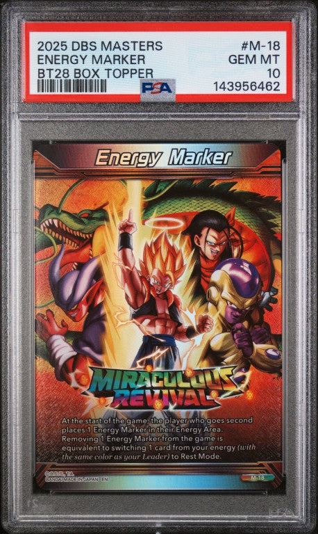 2025 Dragon Ball Super Card Game Masters Series 28 Prismatic Clash #M-18 Energy Marker Bt28 Box Topper PSA 10