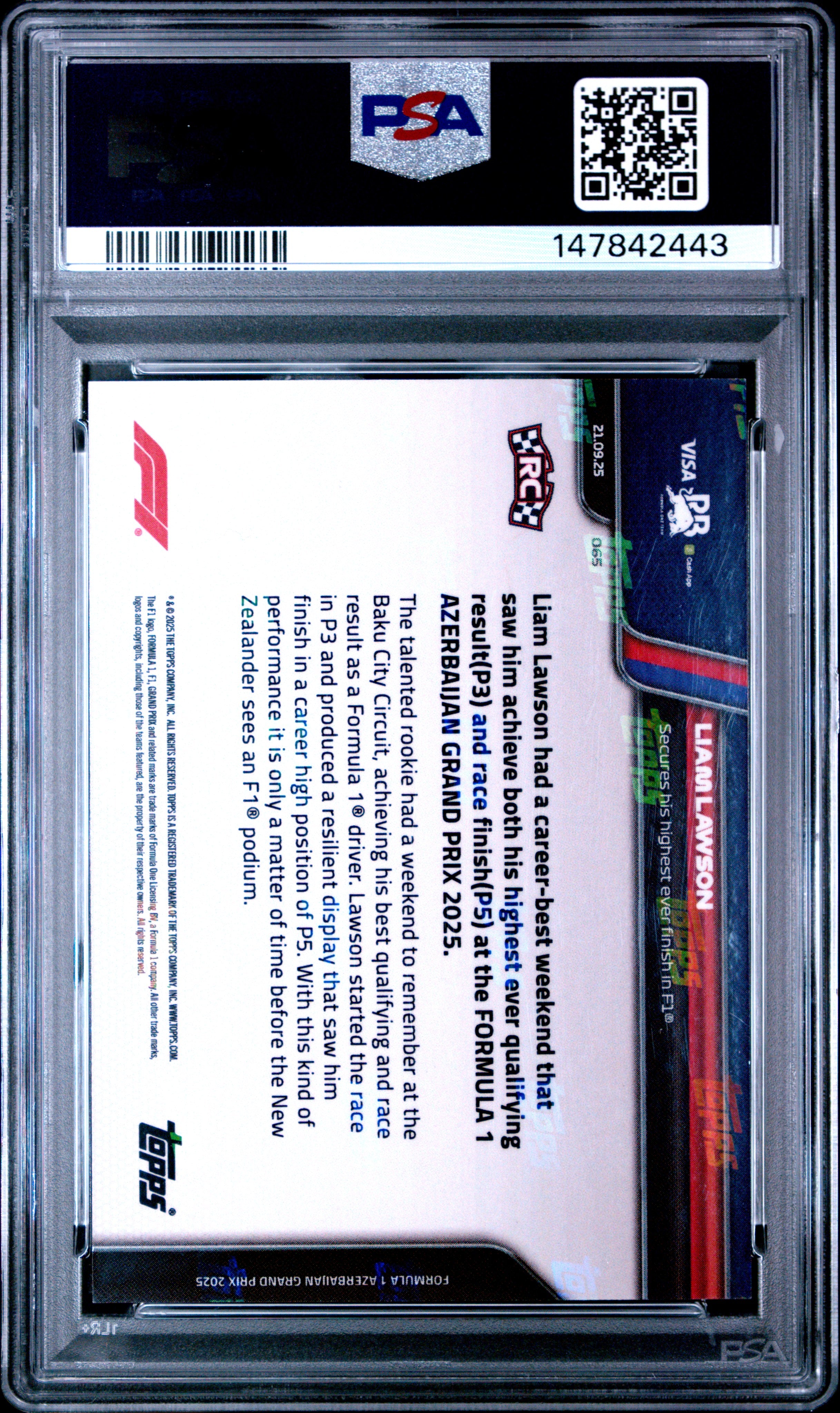 2025 TOPPS NOW FORMULA 1 #65 LIAM LAWSON GOLD FOIL PSA 10